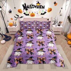 Purple Halloween Witch Ghost King Comforter Set, NIB
